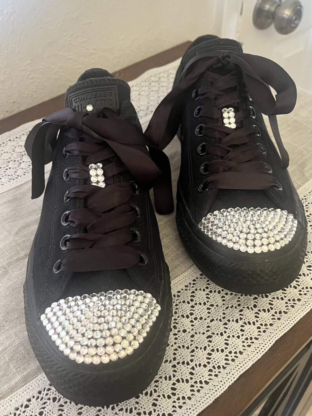 Women's Converses Black Swarovski Custom Bedazzled Low Rise Shoes Size 11